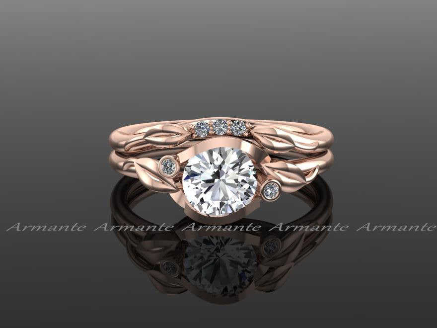 Floral White Sapphire Engagement Ring Set, Rose Gold