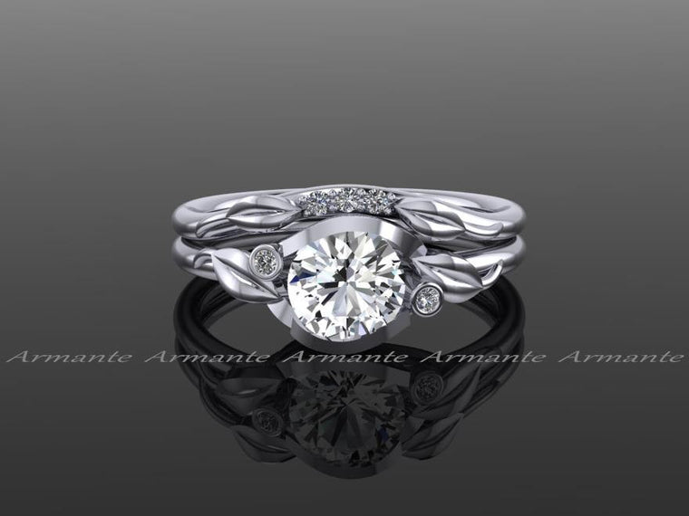 White Sapphire Floral Wedding Ring Set, 14K White Gold