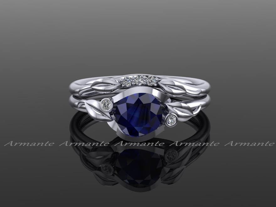 Blue Sapphire Bridal Set, Flower Leaf Diamond Engagement Set