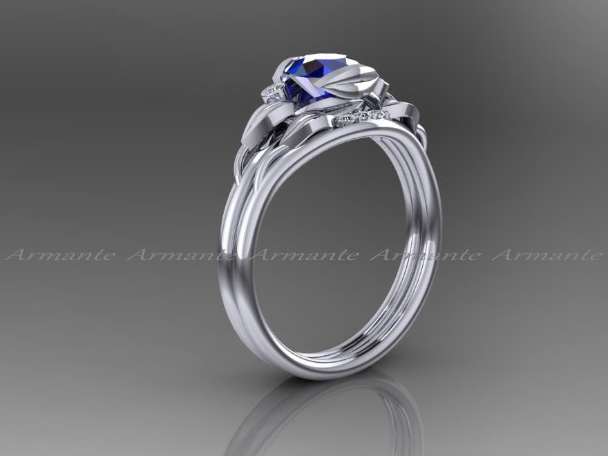 Blue Sapphire Bridal Set, Flower Leaf Diamond Engagement Set