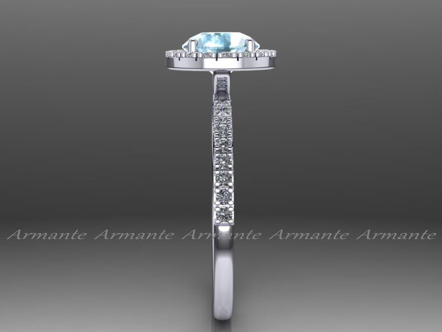 Halo Aquamarine And White Sapphire Wedding Ring