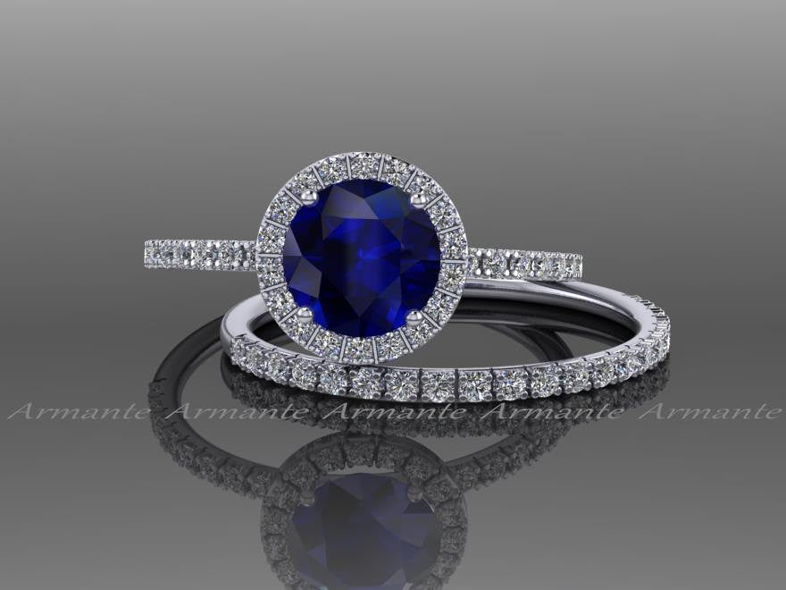 Blue and White Sapphire Wedding Ring Set.