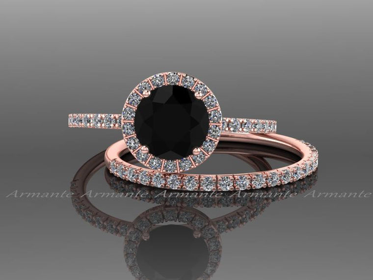 Rose Gold White Sapphire And Black Diamond Wedding Ring Set