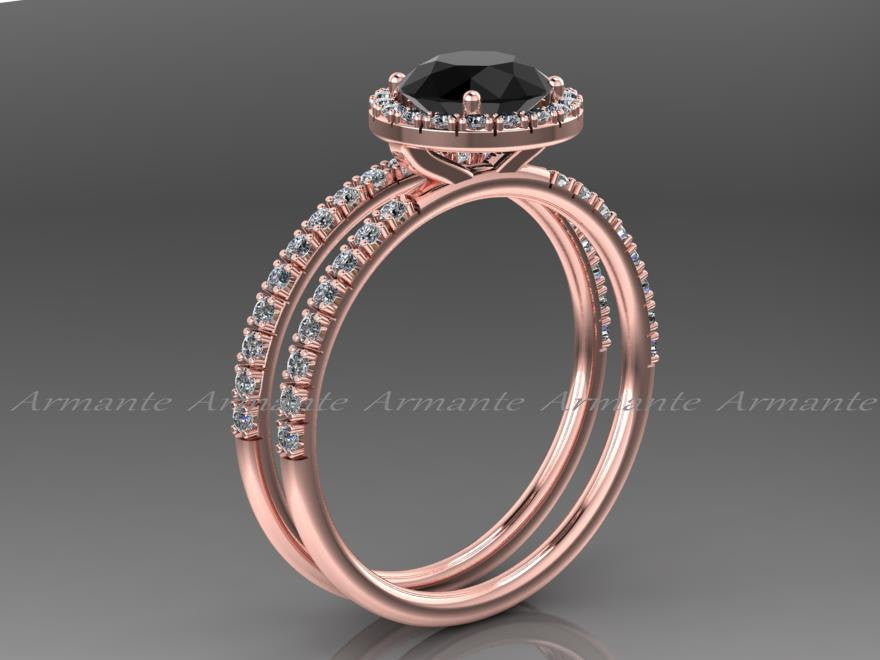 Rose Gold White Sapphire And Black Diamond Wedding Ring Set