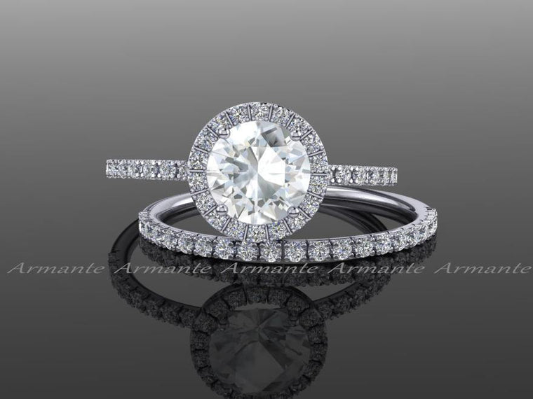 Diamond Free White Gold White Sapphire Halo Wedding Set