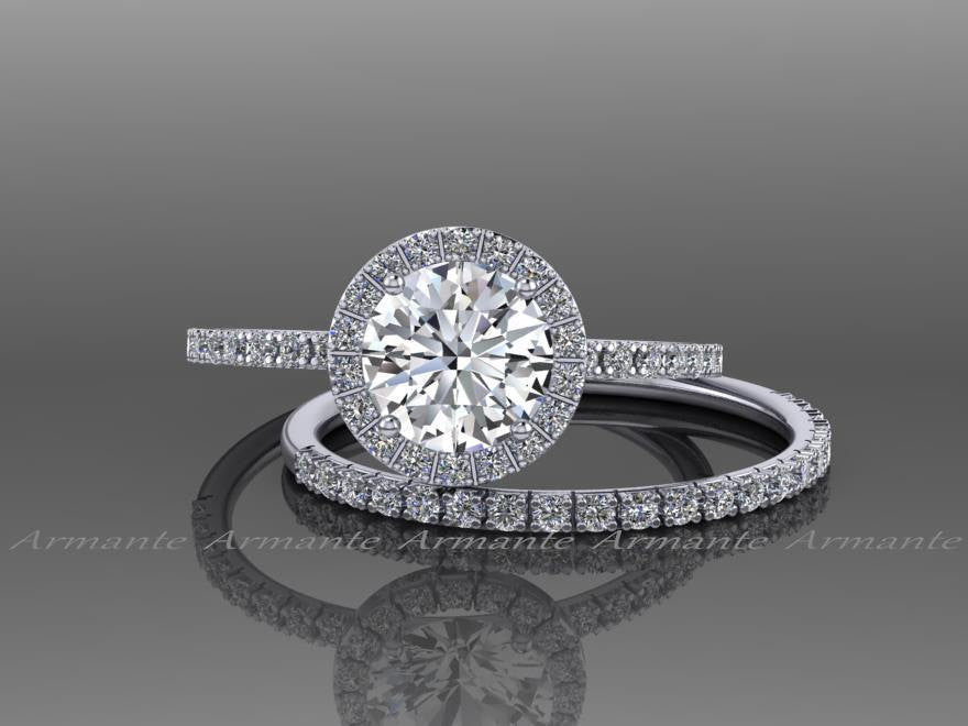 White Sapphire Engagement Ring Set, 14K White Gold