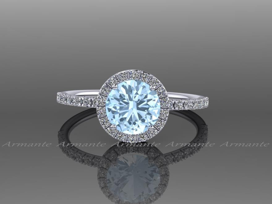 Halo Aquamarine And White Sapphire Wedding Ring