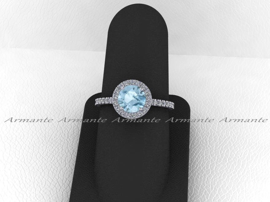 Halo Aquamarine And White Sapphire Wedding Ring