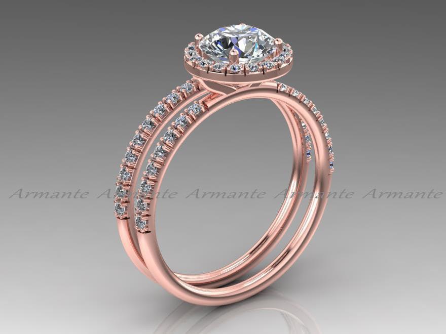 Rose Gold White Sapphire & Moissanite Wedding Ring Set