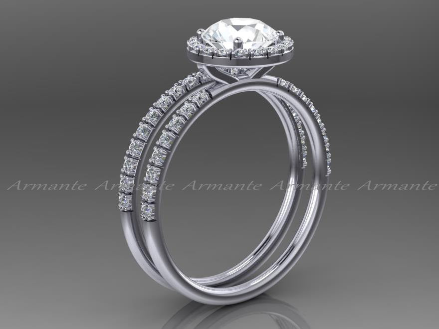 Diamond Free White Gold White Sapphire Halo Wedding Set