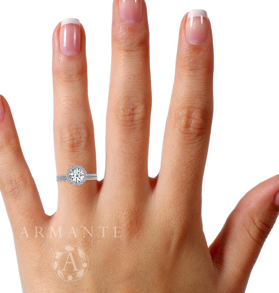 White Sapphire Engagement Ring Set, 14K White Gold