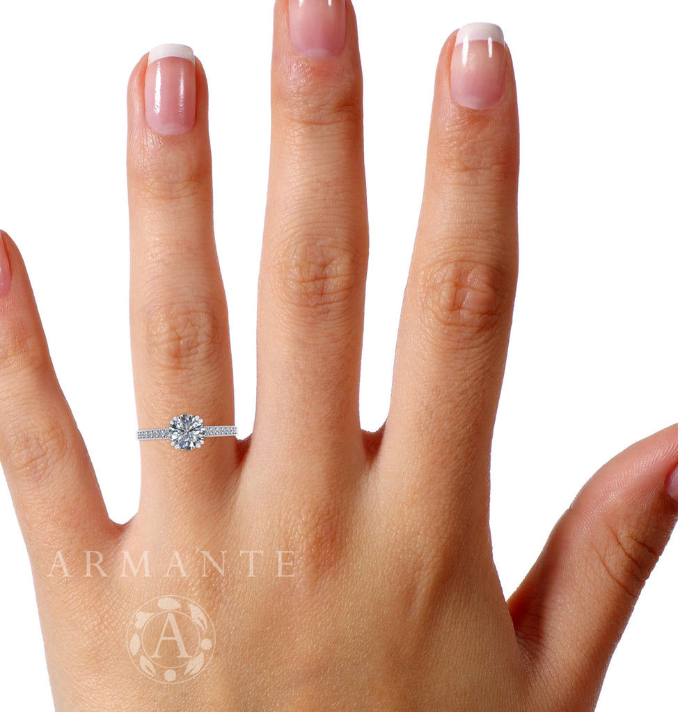 Vintage Style Solitaire Moissanite & Diamond Wedding Ring