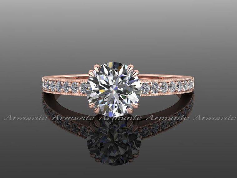 Vintage Style Solitaire Moissanite & Diamond Wedding Ring