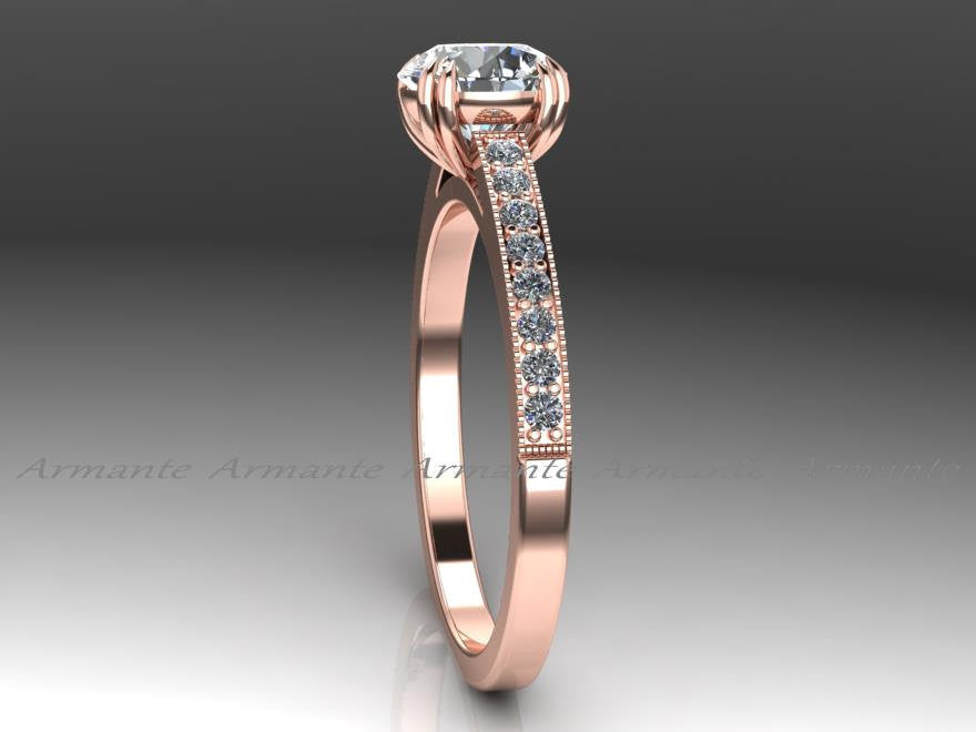 Vintage Style Solitaire Moissanite & Diamond Wedding Ring