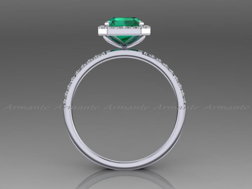 Lab Grown Emerald and Diamond Wedding Ring, 14K White Gold