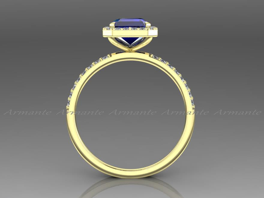 Emerald Cut Blue Sapphire Engagement Ring, 14K Yellow Gold