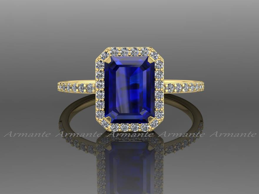 Emerald Cut Blue Sapphire Engagement Ring, 14K Yellow Gold