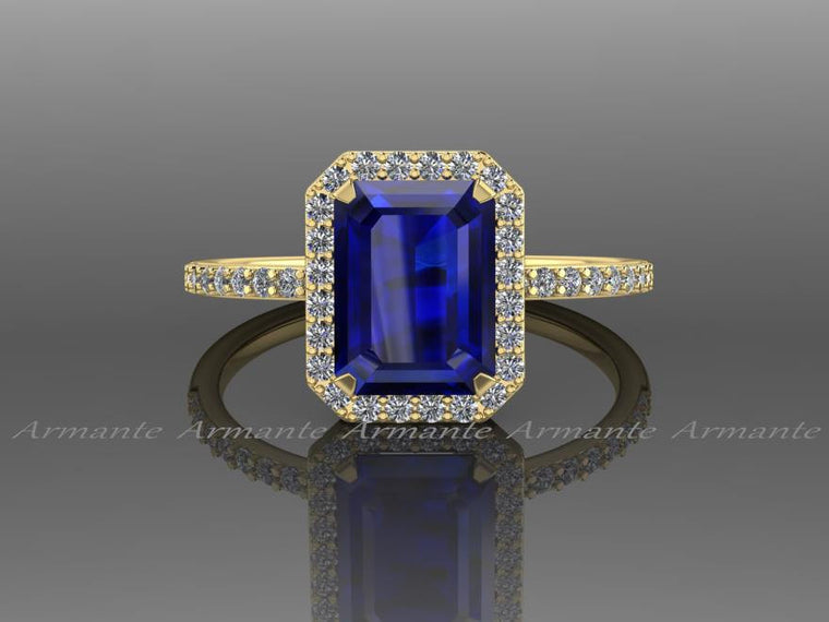 Emerald Cut Blue Sapphire Engagement Ring, 14K Yellow Gold