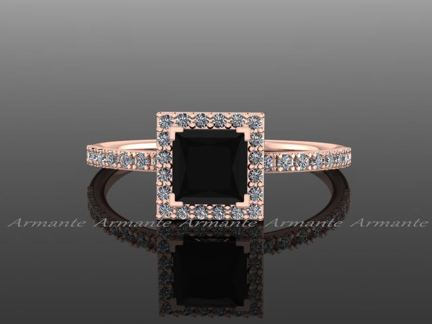 Black Diamond Princess Cut Engagement, Halo Wedding Ring