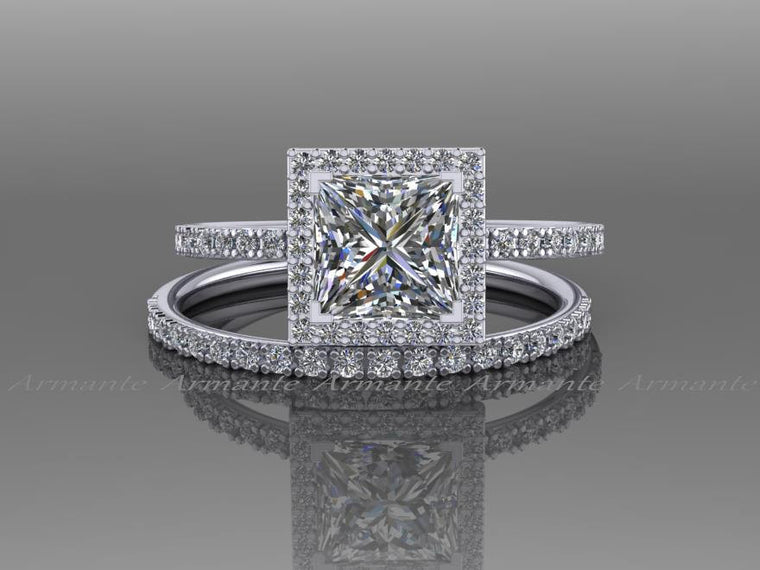 Moissanite And Natural Diamond Bridal Set, 14K White Gold