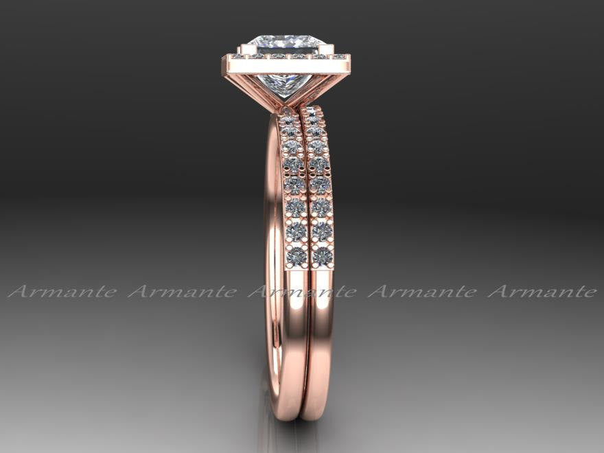 Princess Cut Wedding Ring Set, 14K Rose Gold