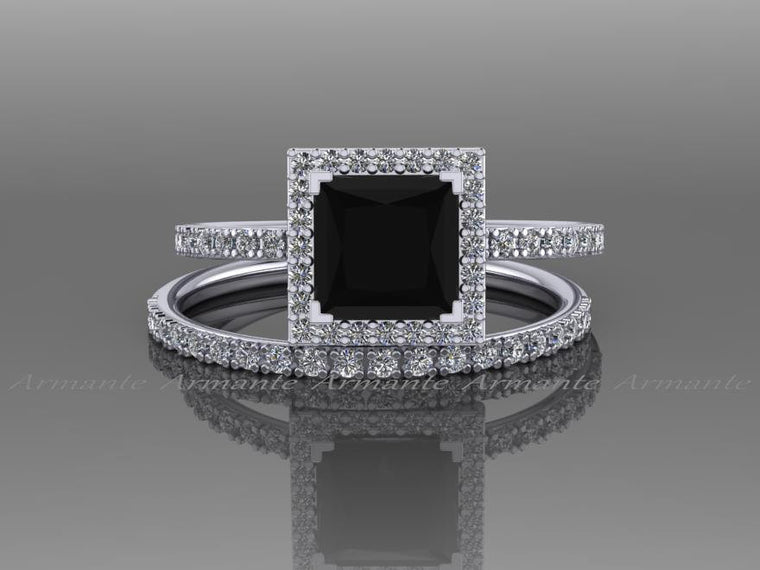 Halo Natural Princess Cut Black Diamond Engagement Set