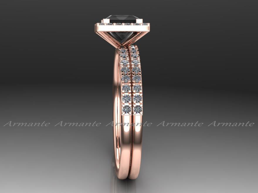Princess Cut Natural Black Diamond Engagement Ring Set