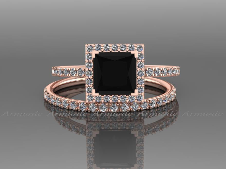 Princess Cut Natural Black Diamond Engagement Ring Set