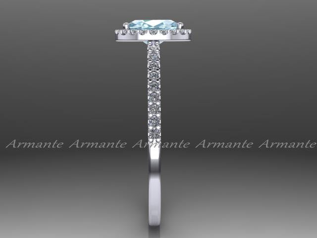 Oval Cut Blue Aquamarine and Diamond Halo Engagement Ring