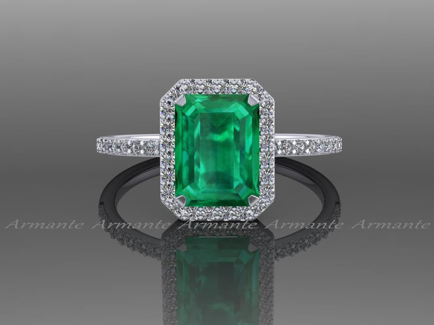 Lab Grown Emerald and Diamond Wedding Ring, 14K White Gold