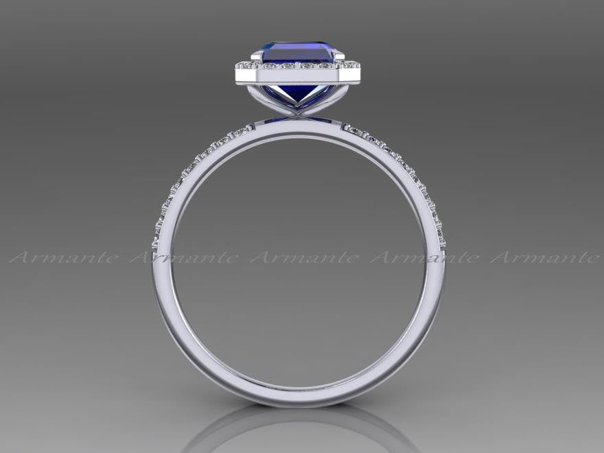 Blue Sapphire Emerald Cut Engagement Ring, Diamond Ring