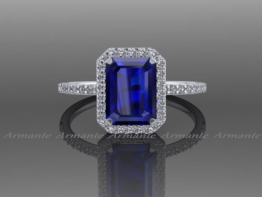 Blue Sapphire Emerald Cut Engagement Ring, Diamond Ring