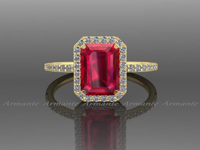 Ruby and Diamond Halo Engagement Ring