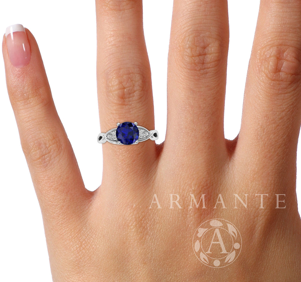 Blue Sapphire & Diamond 3 Stone Engagement Ring